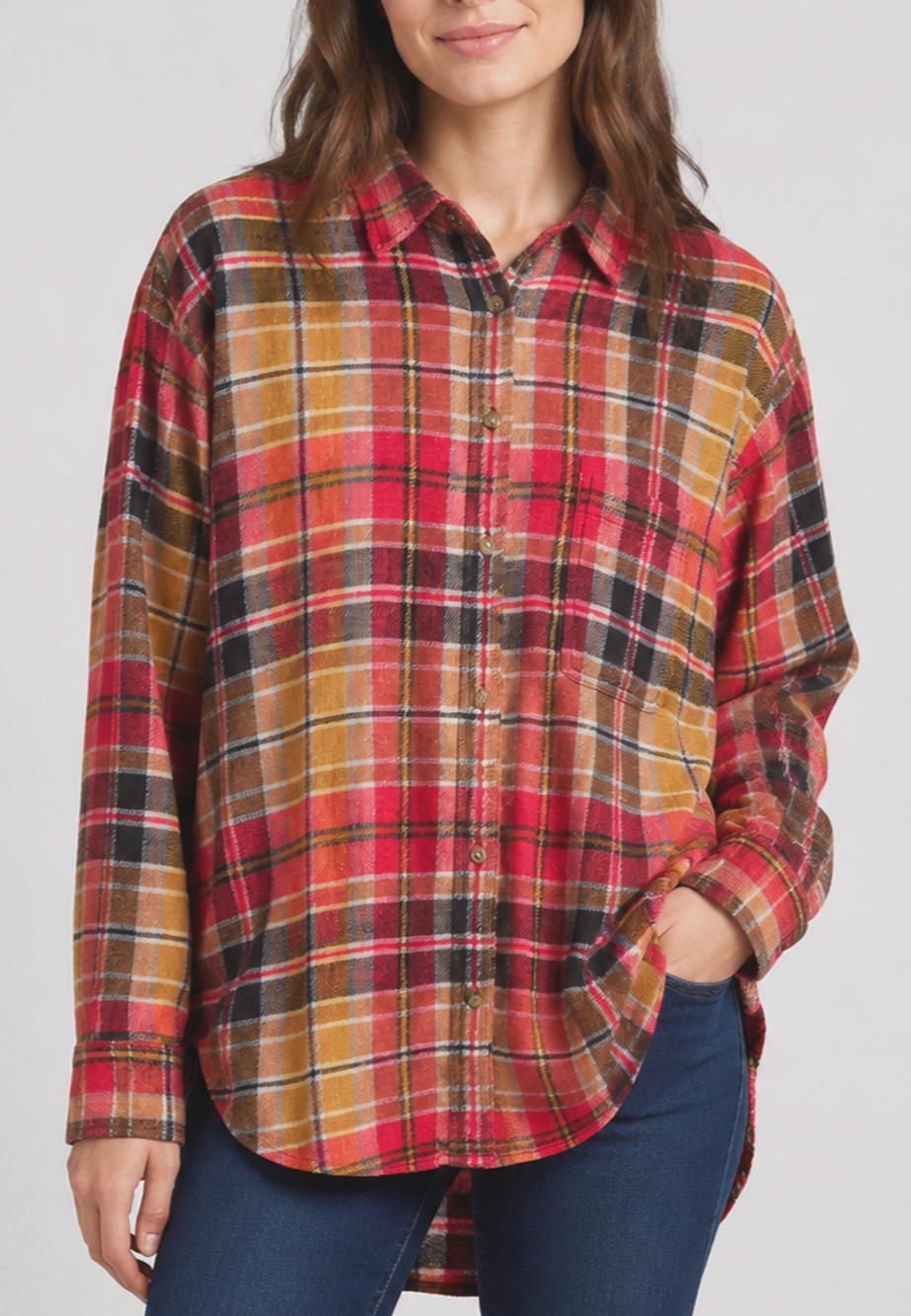 American Eagle Womens L Boyfriend Fit Plaid Flannel Shirt Button Down Pink Gold